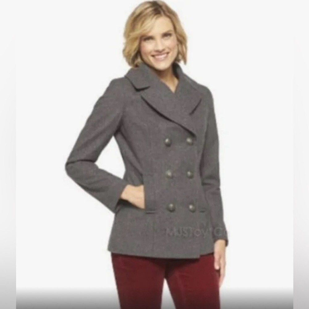 Merona Women Gray Wool Blend Double Breasted Pea Coat Jacket Medium RN17730